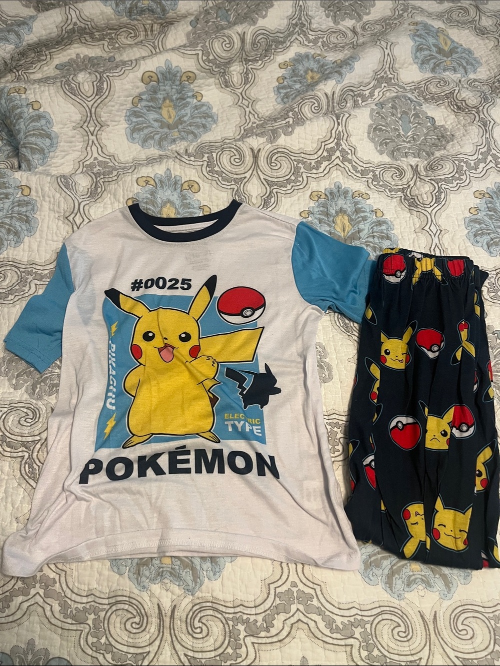 Pikachu Kids Pajama Set - White & Blue